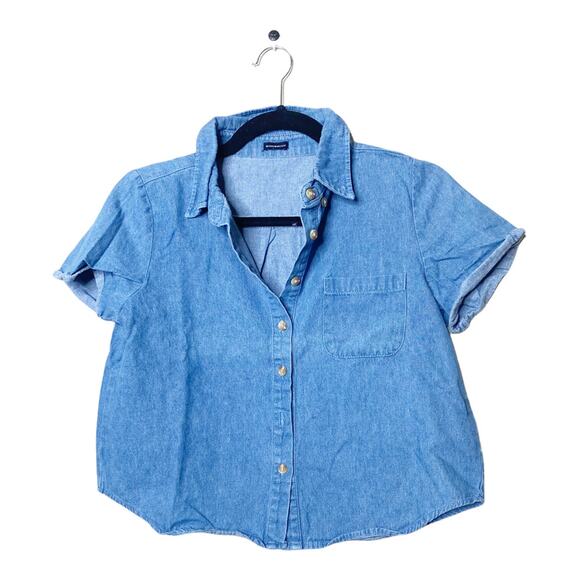 Brandy Melville Peyton Denim Crop Top Short Sleeve Blue Cotton Button-Front Sz S - Picture 3 of 13